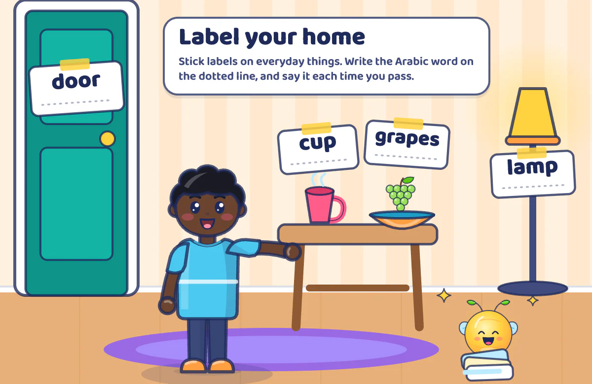 Sami and Lumo putting word labels on a door, a cup, grapes and a lamp at home, with a dotted line on each label to write the Arabic word
