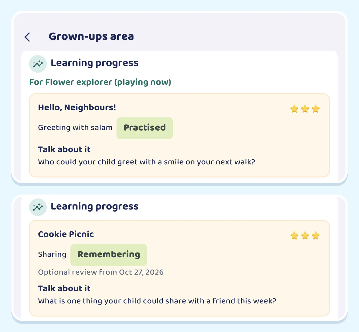 Two views of the grown-ups area in Deenlumo: one skill marked Practised and one marked Remembering, each with a Talk about it question
