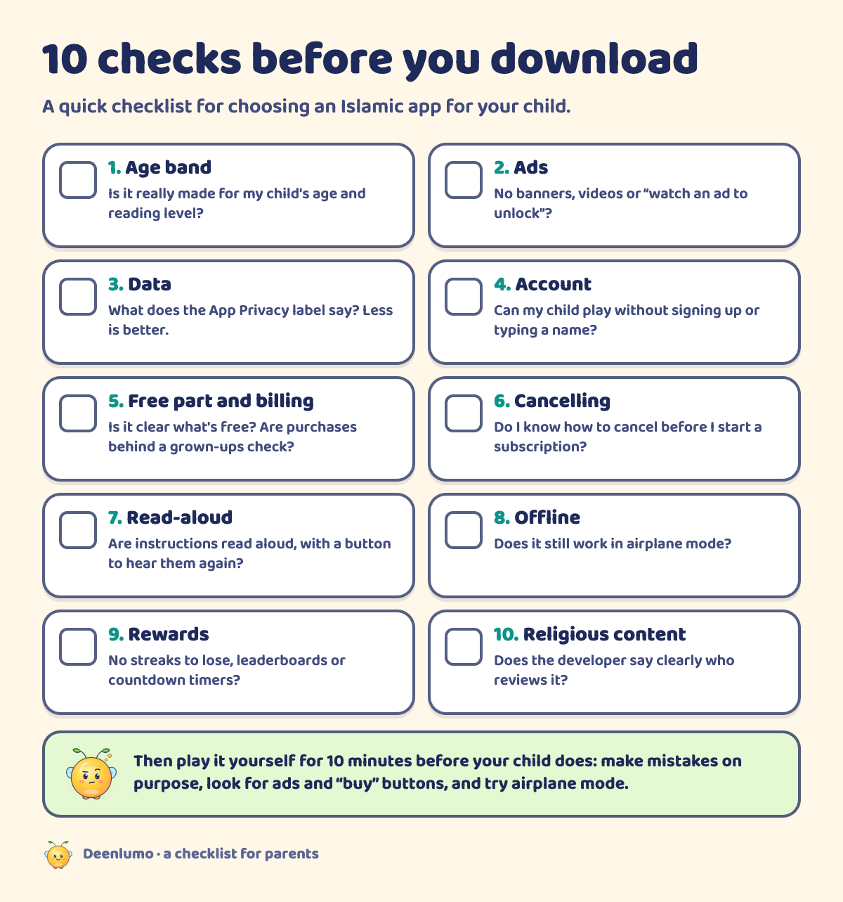A checklist of 10 checks before you download a children's app: age band, ads, data, account, free part and billing, cancelling, read-aloud, offline, rewards and religious content