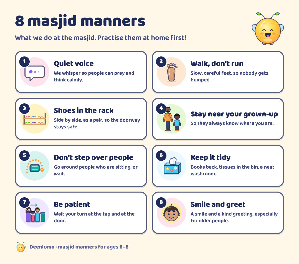 The 8 masjid manners card: quiet voice, walk don't run, shoes in the rack, stay near your grown-up, don't step over people, keep it tidy, be patient, smile and greet