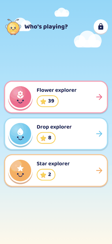 Who's playing? Three explorers to choose from: Flower explorer, Drop explorer and Star explorer, each with their own stars.