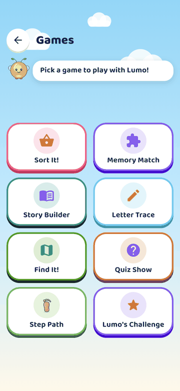 The Games screen with eight game tiles