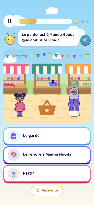 Une aventure du Jardin de la Gentillesse : le panier est à Mamie Houda. Que doit faire Lina ? Le garder, le rendre à Mamie Houda ou partir.