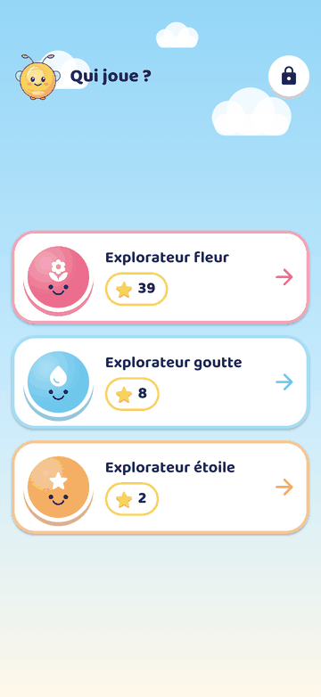 Qui joue ? Trois explorateurs au choix : Explorateur fleur, Explorateur goutte et Explorateur étoile, chacun avec ses étoiles.